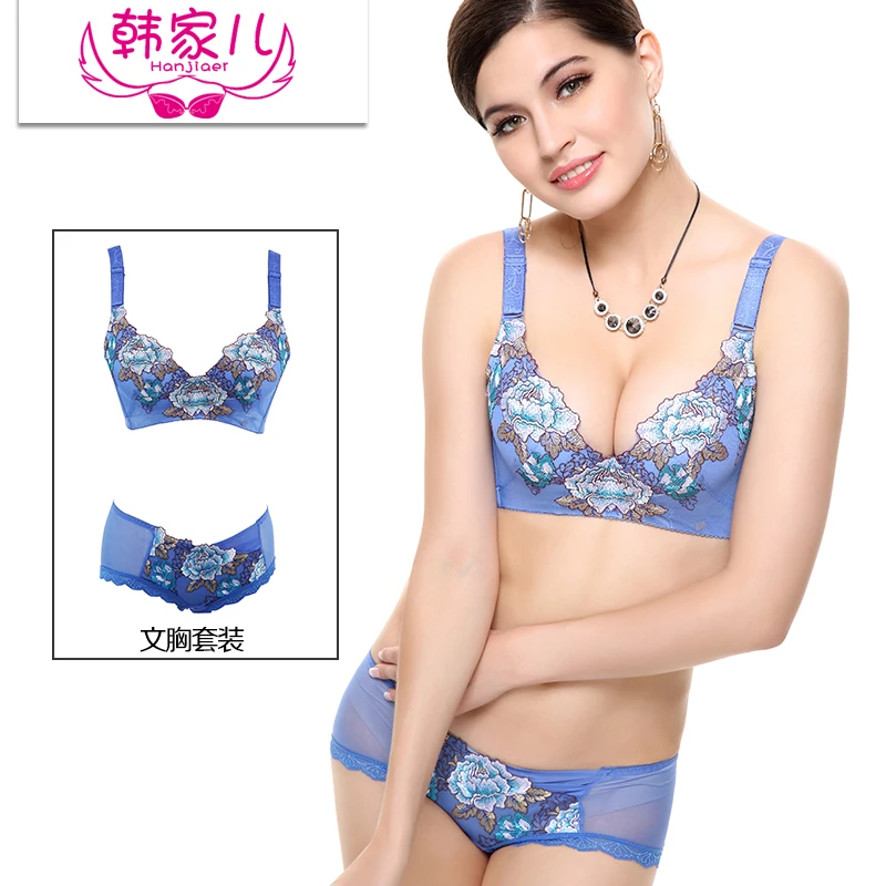 Spring and summer embroidery Sexy deep V gathered adjustable underwear ladies bra set thick cup comfortable breathable bra
