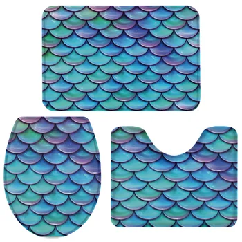 

3 Pieces Bathroom Set Fish Scales Gradient Blue Green Bath Set Toilet Cover Mat Pedestal Rug Non-Slip Bathroom Rug Set