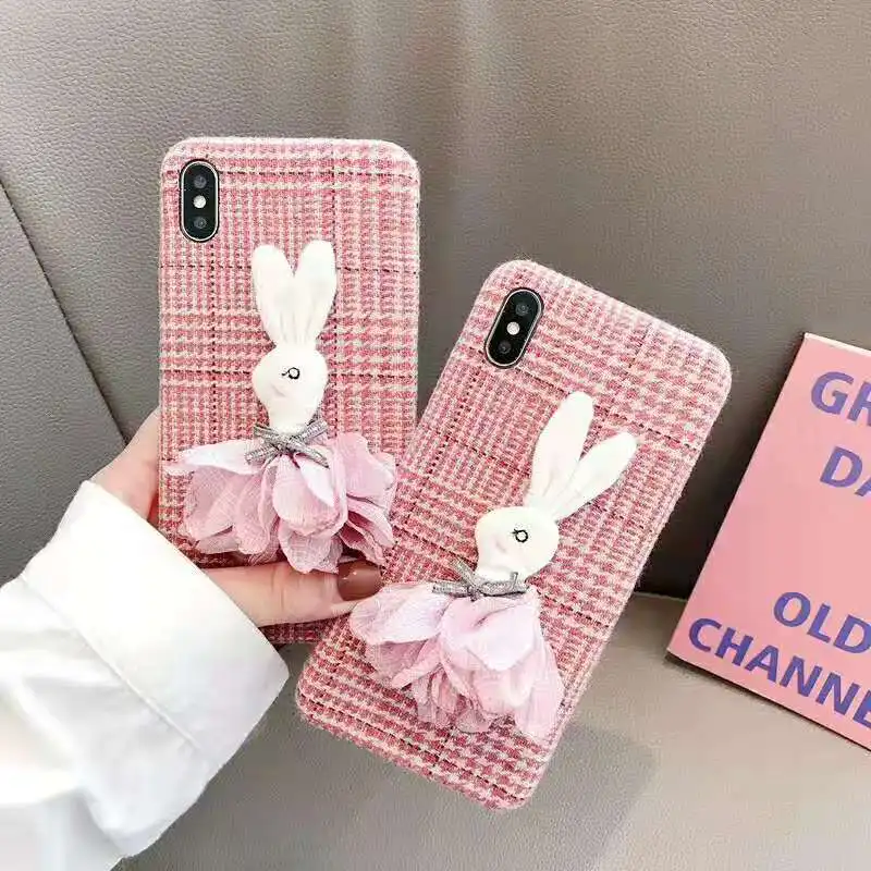 

3D cute pink plaid skirt rabbit plush mobile phone case for iPhone X 7 8 6 6s plus xs xr max fashion style protective cover