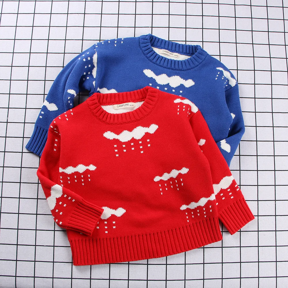 INS/Детский свитер; универсальная рубашка с вырезом лодочкой; сезон осень-зима; Детский свитер из чистого хлопка в Корейском стиле с рисунком капель дождя
