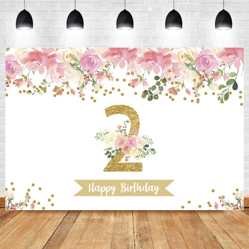

2nd Photography Backdrop Baby Flower Happy Birthday Party Gold Photo Background Decoration Studio Prop