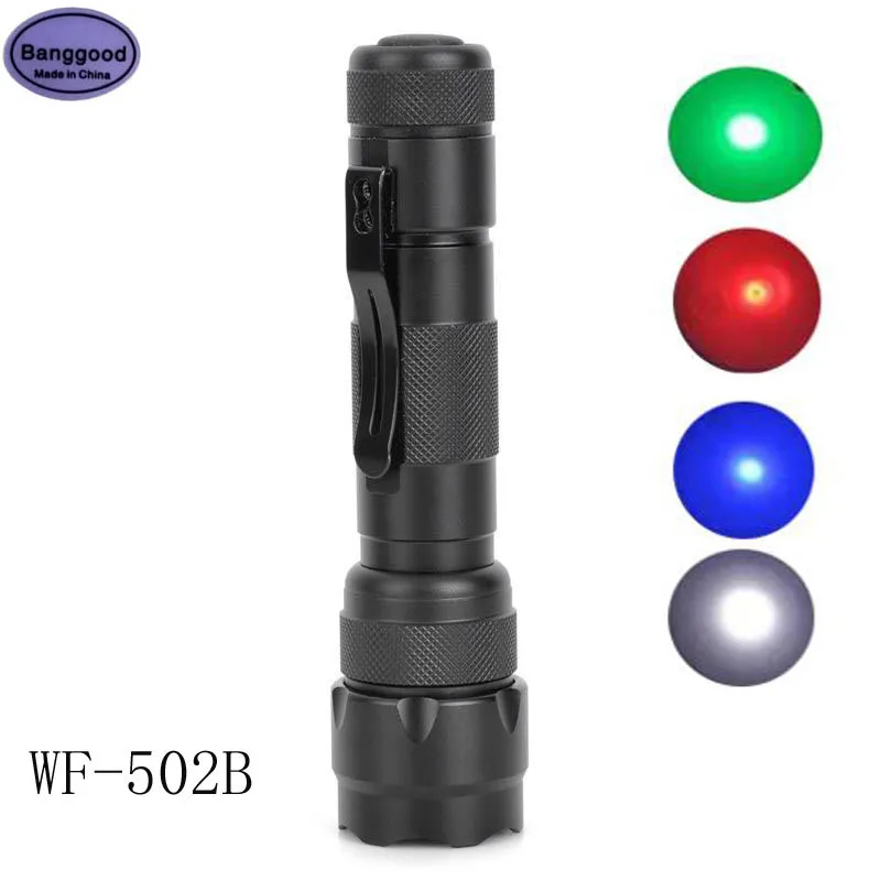 

WF-502B 800Lm XM-L T6 1 Mode White/Red/Blue/Green Light Lantern Torch 18650 WF502B Waterproof LED Flashlight Drop Shipping