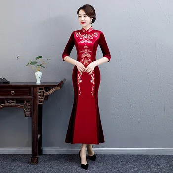 

Plus Size Chinese Style Women Patchwork Evening Party Dress Winter New Velvet Embroidery Flower Qipao Cheongsam Sexy Vestidos