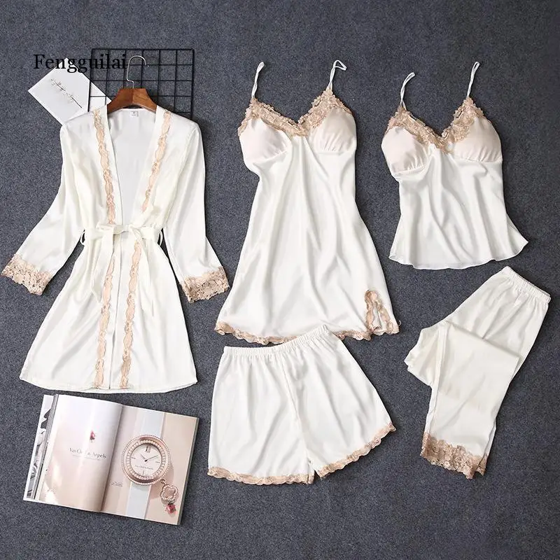 

Pajama Sets Women pajamas nightgown Silk like sleepwear for women pajamas set 5pcs/set pajamas lingerie