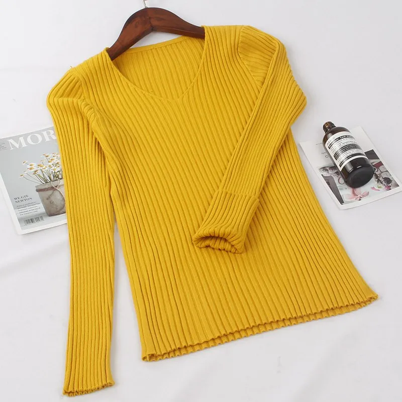 ONLYSVTER женский свитер с v-образным вырезом, базовый пуловер с длинными рукавами, джемпер, топы, мягкий женский вязаный свитер на осень и зиму - Цвет: Yellow  V5121