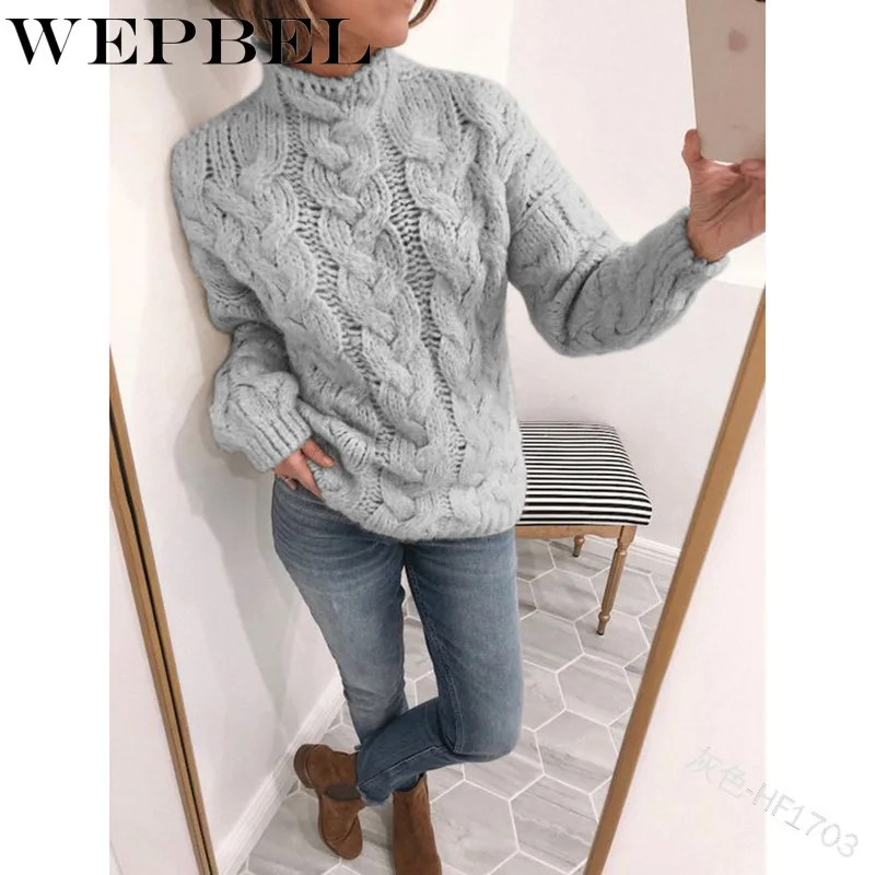 

WEPBEL Women's Casual Loose Solid Color Knitted Sweater Autumn and Winter Long Sleeve Turtleneck Pullover Fashion Sweater