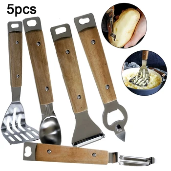 

5Pcs Kitchen Tool Tool Set Stainless Steel Solid Wood Kitchenware Solid Wood Handle Knife And Spoon For Kitchen Cooking