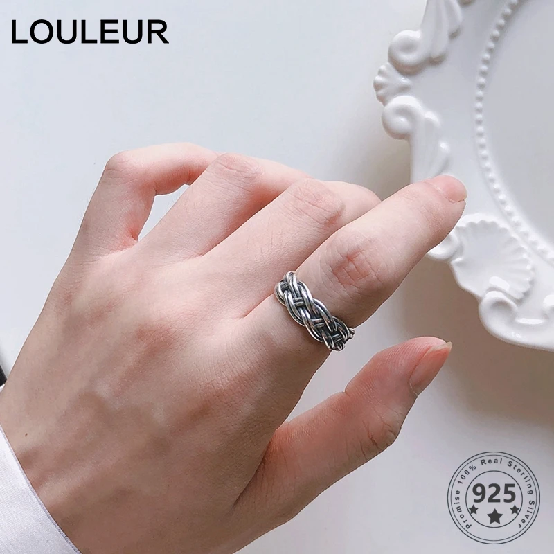 LouLeur Стерлинговое Серебро 925 пробы плетение полые кольца ручной работы Ретро Геометрические широкие Открытые Кольца для женщин модные украшения из настоящего серебра