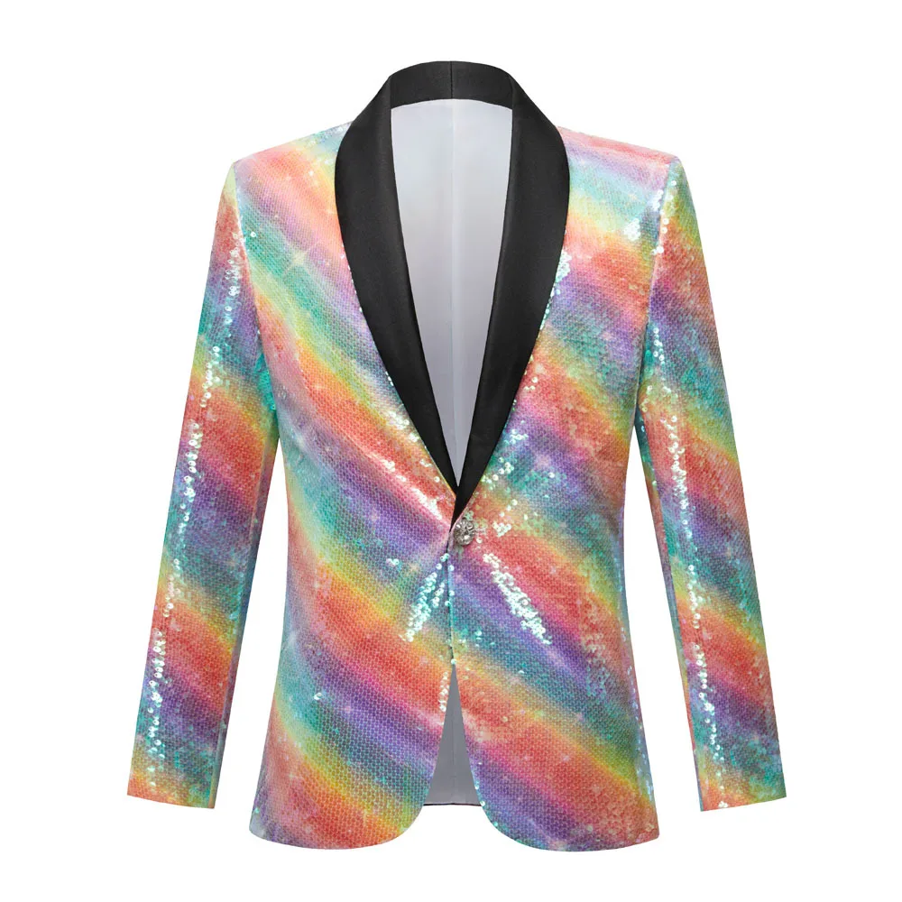 

Multi-color Stripes Glitter Sequins Tuxedo Bar Nightclub Singer Fashion Slim Blazers Shawl Lapel Host Stage Suit Jackets Costume