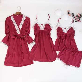 

Pajamas Set Sexy Women Strap Pijamas 4PCS V-Neck Nightdress Spring Robe Gown Sleep Suit Sleepshirt Kimono Negligee Home Clothing