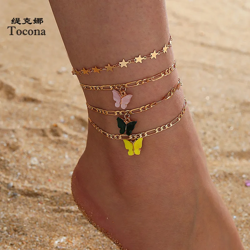 Tocona 4pcs/sets Colorful Acrylic Butterfly Anklets for Women Charm Star Gold Foot Chain Bohemian Jewelry Accessories 15664 Tocona 4pcs/sets Colorful Acrylic Butterfly Anklets for Women Charm Star Gold Foot Chain Bohemian Jewelry Accessories 15664