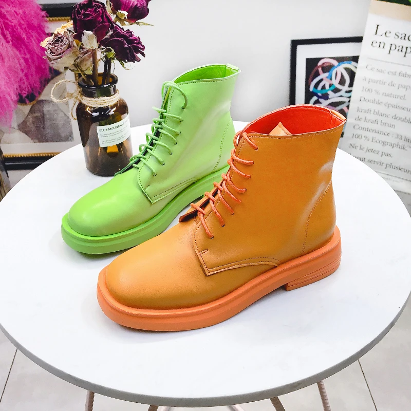 

Women's Candy Color Ankle Boots 2019 Spring Autumn Leather Woman Riding Boots Low Heels Female Autumn Shoes Woman Fashion Boot