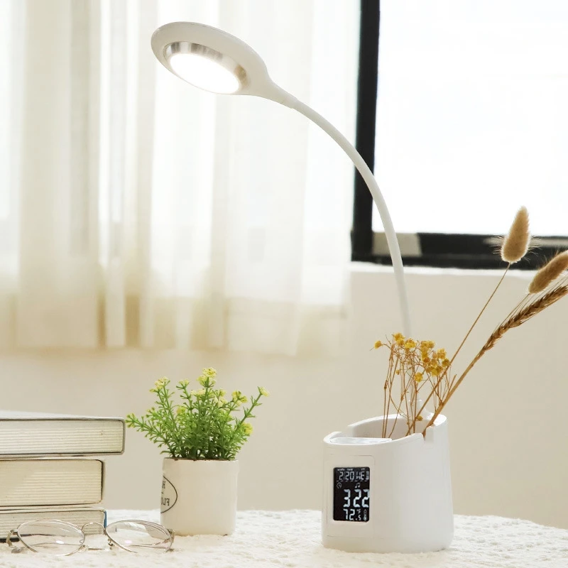 360 degree LED Desk Lamp USB Charging Alarm Clock Thermometer Calendar 3-Level Dimmer Table with Pen Holder | Освещение