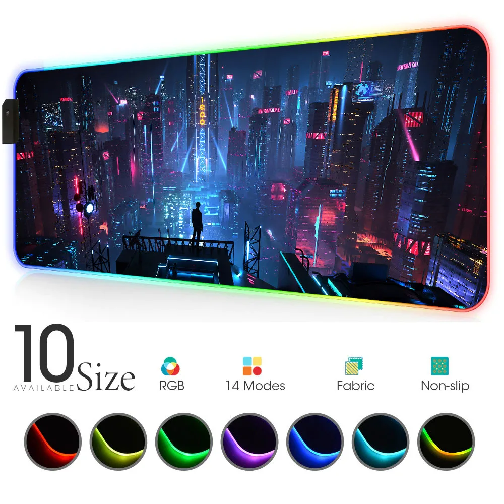 

City night view RGB Mouse Pad Black Neon lights Gamer Accessories LED MousePad Large PC Desk Play Mat with Backlit gaming desk