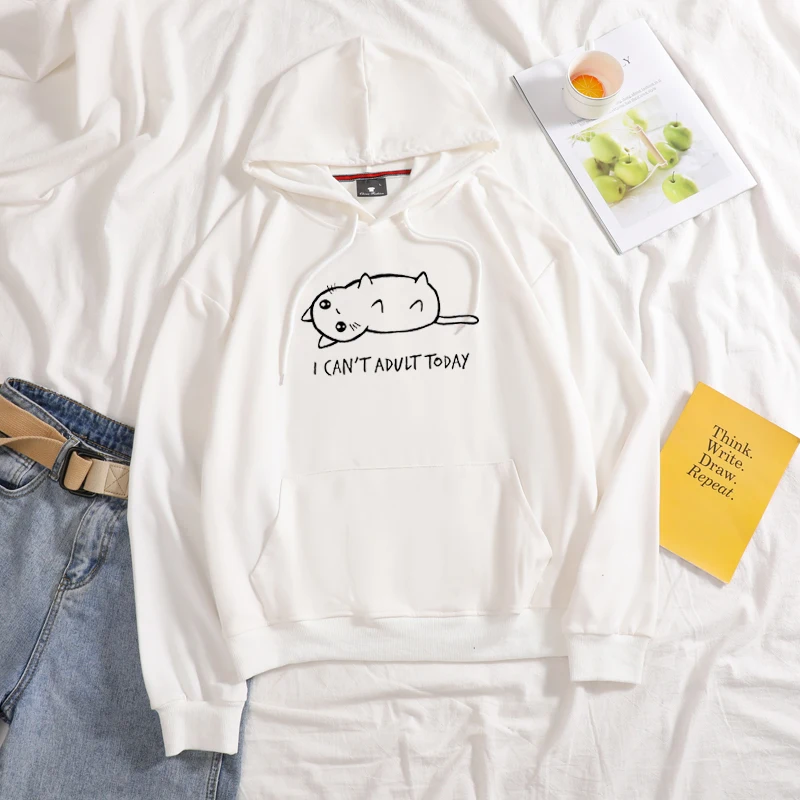 Новинка, Женская толстовка с капюшоном с надписью «Lovely Cat I CAN'T adoll TODAY», хлопок, круглый вырез, длинный рукав, Осенние повседневные толстовки с капюшоном на завязках