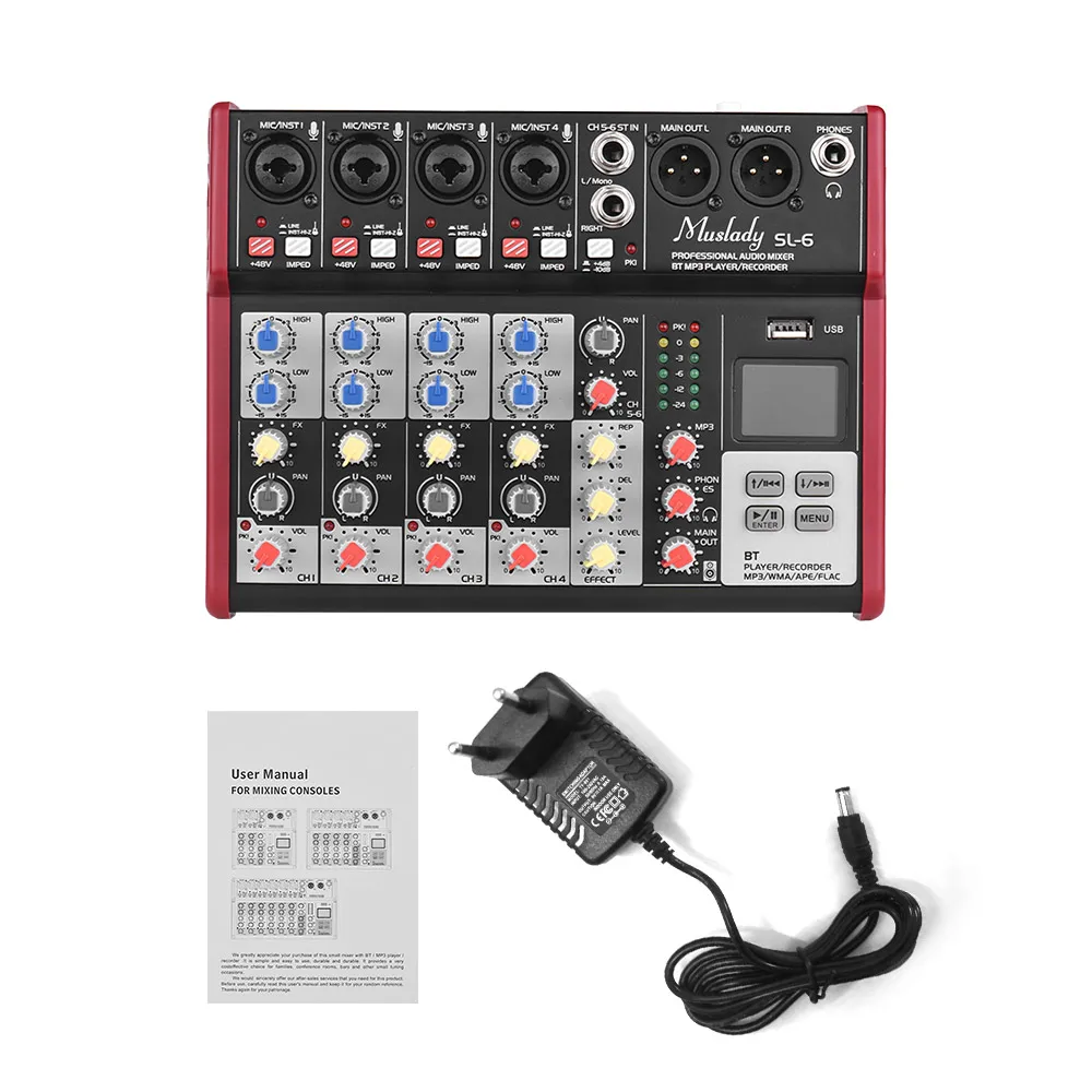 Muslady SL-6 6-канальный смешивания консольный микшер 2-полосным эквалайзером встроенный 48V Phantom Мощность поддерживает подключения BT USB MP3 плеер для ди-джей