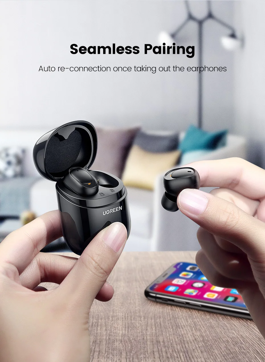 Ugreen bluetooth earphone 5.0 tws true wireless earbuds stereo handsfree in ear phone gaming sport headset (black)