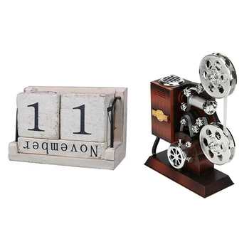 

New-1Pcs Wooden Perpetual Calendar Retro Design Living Decoration & 1Pcs Creative Classic Movie Projector Music Box