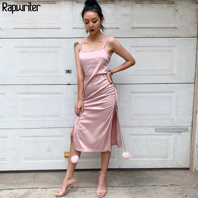 

Rapwriter Spaghetti Strap Satin Long Hairball Dress Women 2019 Summer Sexy Backless High Split Party Ladies Pink Dress Vestido