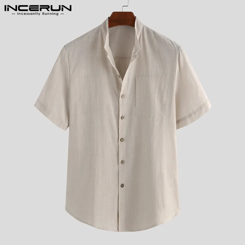 INCERUN, Мужская однотонная Повседневная рубашка с коротким рукавом и воротником, модная удобная хлопковая мешковатая мужская Тонкая блуза, уличная одежда