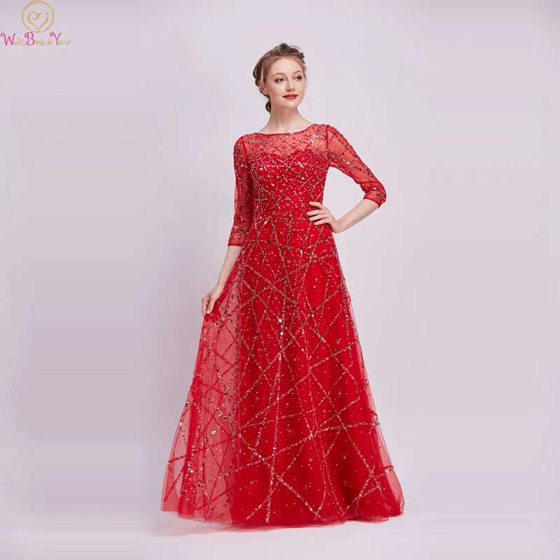 

Red A-Line Formal Prom Dresses 2019 New O Neck Three Quarter Sleeves Luxury Beading Crystal Long vestidos de gala Evening Gowns