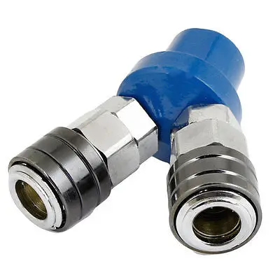 

13mm Female Threaded Quick Fitting 2 Way Pass Air Hose Coupler Silver Tone Blue