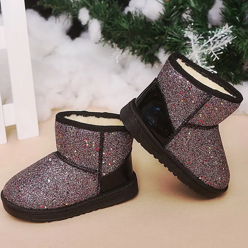 Модные зимние детские ботинки; ботинки для девочек; Теплая обувь для мальчиков; новая бархатная детская обувь с блестками; хлопковая обувь для первых шагов