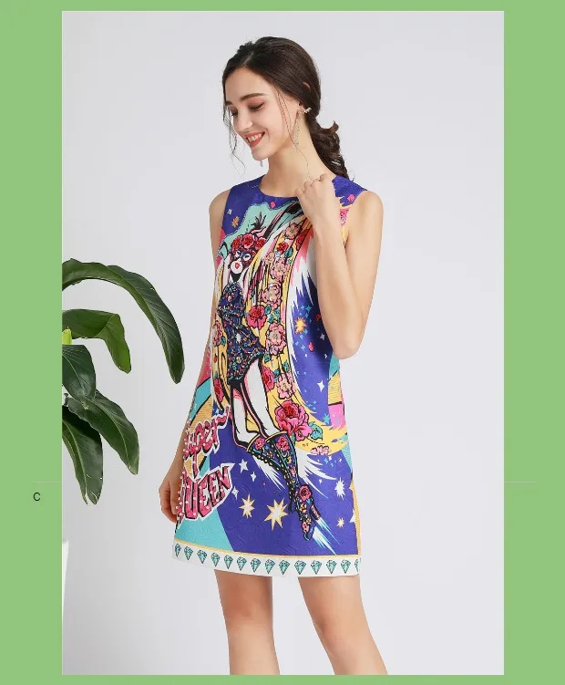 Дизайнерские Mulheres новые luco Lantejoulas Contas Flor Imprimir письмо Elegante da Festa Sem Mangas Vestidos мини Vestido