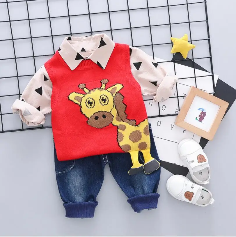 Boys'Dress/Новые Стильные Свитера на весну и осень, костюмы с жилетками и рубашкой, комплект с изображением жирафа из мультфильма, куртка для мальчиков