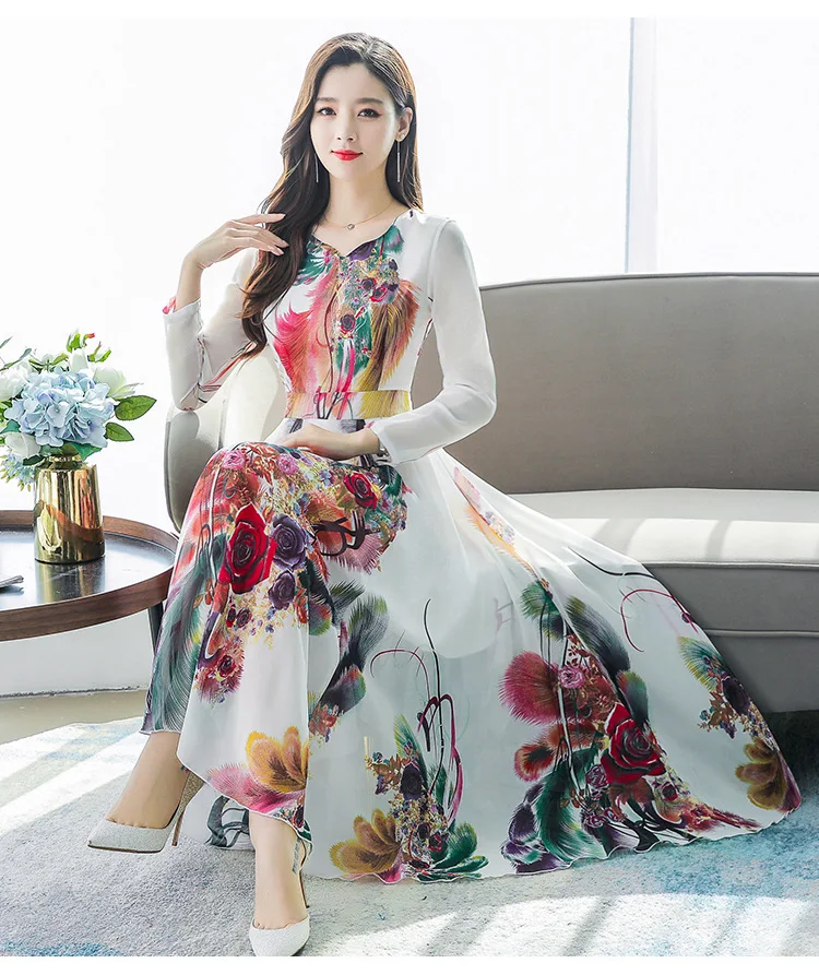 

Middle-aged Middle-aged Women Dress 2019 Autumn New Style V-neck Waist Hugging Slimming Large Size Chiffon Dress Women's Long Lo