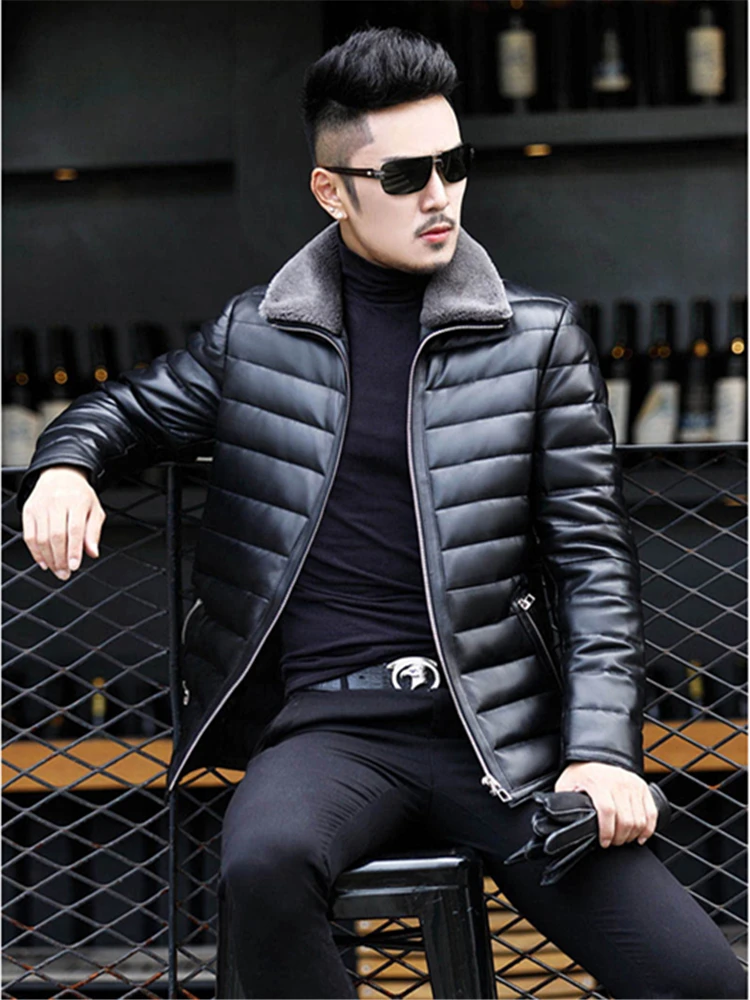 

Genuine Leather Down Jacket Men Sheep skin Winter Coat Men's Lamb Fur Lapel Slim Short Leather Jacket Male White duck Down Coat