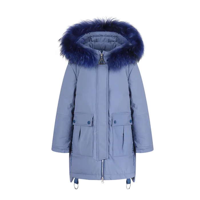 Blue Модная одежда для девочек для русской зимы, Теплый пуховик Куртки детское джинсовое пальто с большим меховым капюшоном, пуховик для детей верхняя одежда, длинное пуховое пальто-30 градусов - Цвет: Blue