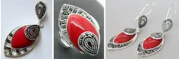 

Jewelry Pearl Set Lady's Red Carved Lacquer Marcasite 925 Sterling Silver heart Ring(#7-10) Earrings & Pandent jew Free Shipping