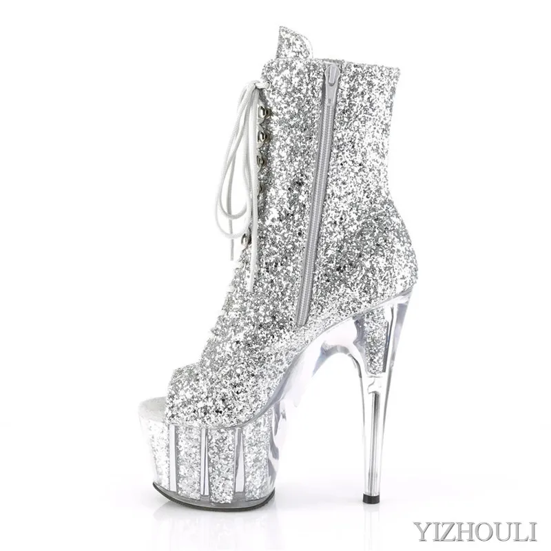 Party pole dancing 15cm ankle boots, sequined vamp material 6in road toe, sexy model, dancing shoes