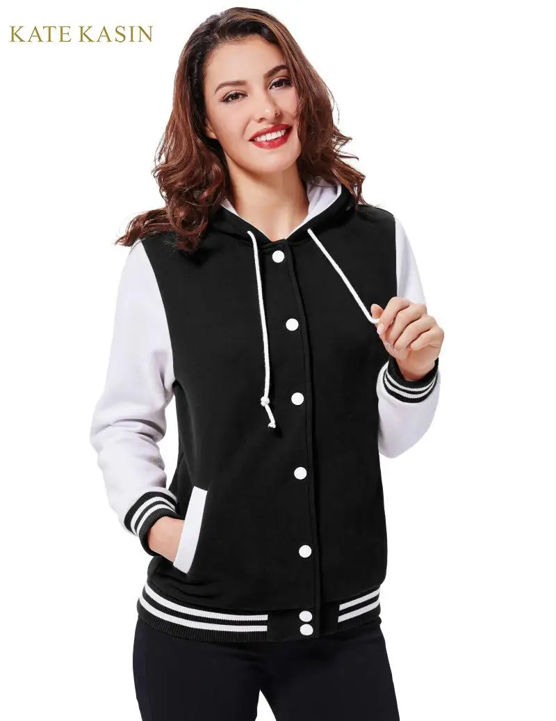 

Kate Kasin Women Stylish Hooded Baseball Jacket Coat Preppy Style Autumn/Winter Hoodies Coats Basic Outwear Bomber Jacket