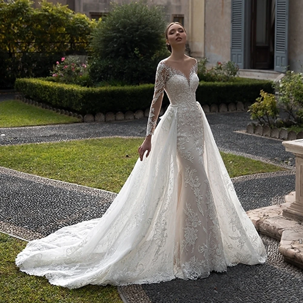 UZN elegante avorio illusione scollo rotondo sirena pizzo Appliques abito  da sposa nuovo arrivo staccabile gonna A Line abito da sposa|Wedding  Dresses| - AliExpress