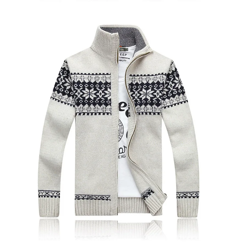 Winter Thick Men's Knitted Sweater Coat Off White Long Sleeve Cardigan Fleece Full Zip Male Causal Plus Size Clothing for Autumn - Image 4