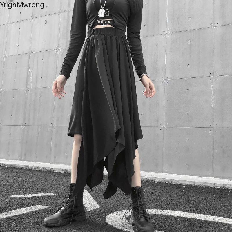 Высокая Талия асимметрия нерегулярные миди Длинная черная юбка Для женщин сексуальное летнее платье в стиле бохо, готика, Харадзюку в Корейском стиле модные однотонные Винтаж Faldas
