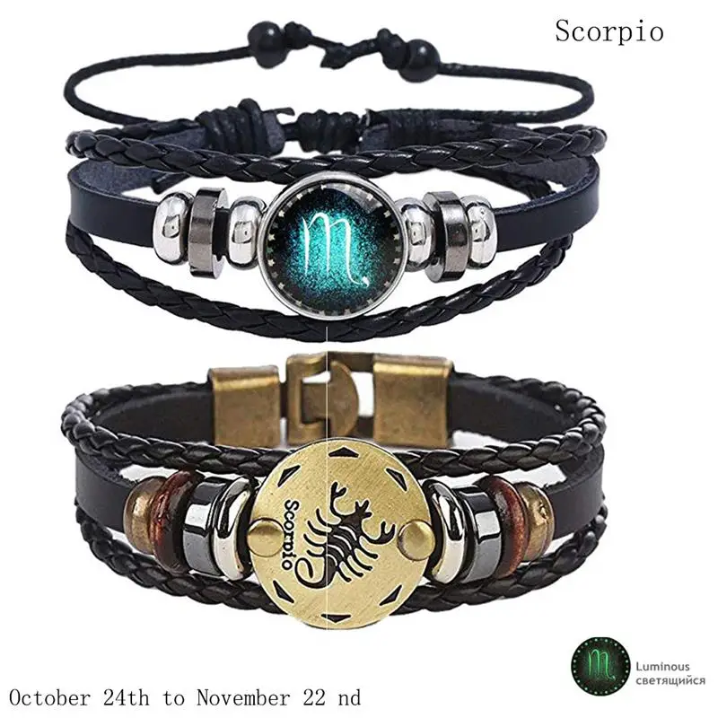 2pcs/set 12 Constellation Bracelets Luminous Charm Leather Bracelet Zodiac Horoscope Braided Bangle Men Women Jewelry Wrist Gift 12