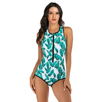

2020 New Sexy Green Leaves Print Swimwear Women One Piece Suit High Neck Swimsuit S-2XL Girl Front Zipper Belly Covered Bodysuit