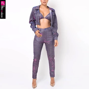 

Two Piece Pant Sets Women Shining Sparkly Long Sleeve Top Coat & High Waist Bodycon Skinny Pants Chic Elegant Outfit Suit