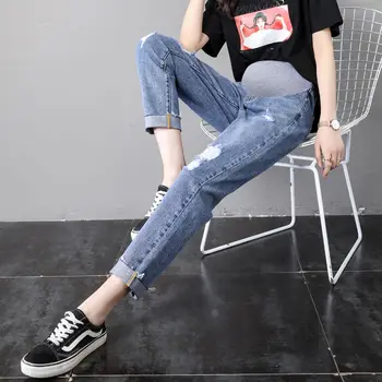 임신 한 여성의 하렘 바지 한국 스타일 찢어진 청바지 높은 허리 배꼽 리프트 하렘 당근 아빠 바지 봄과 가을