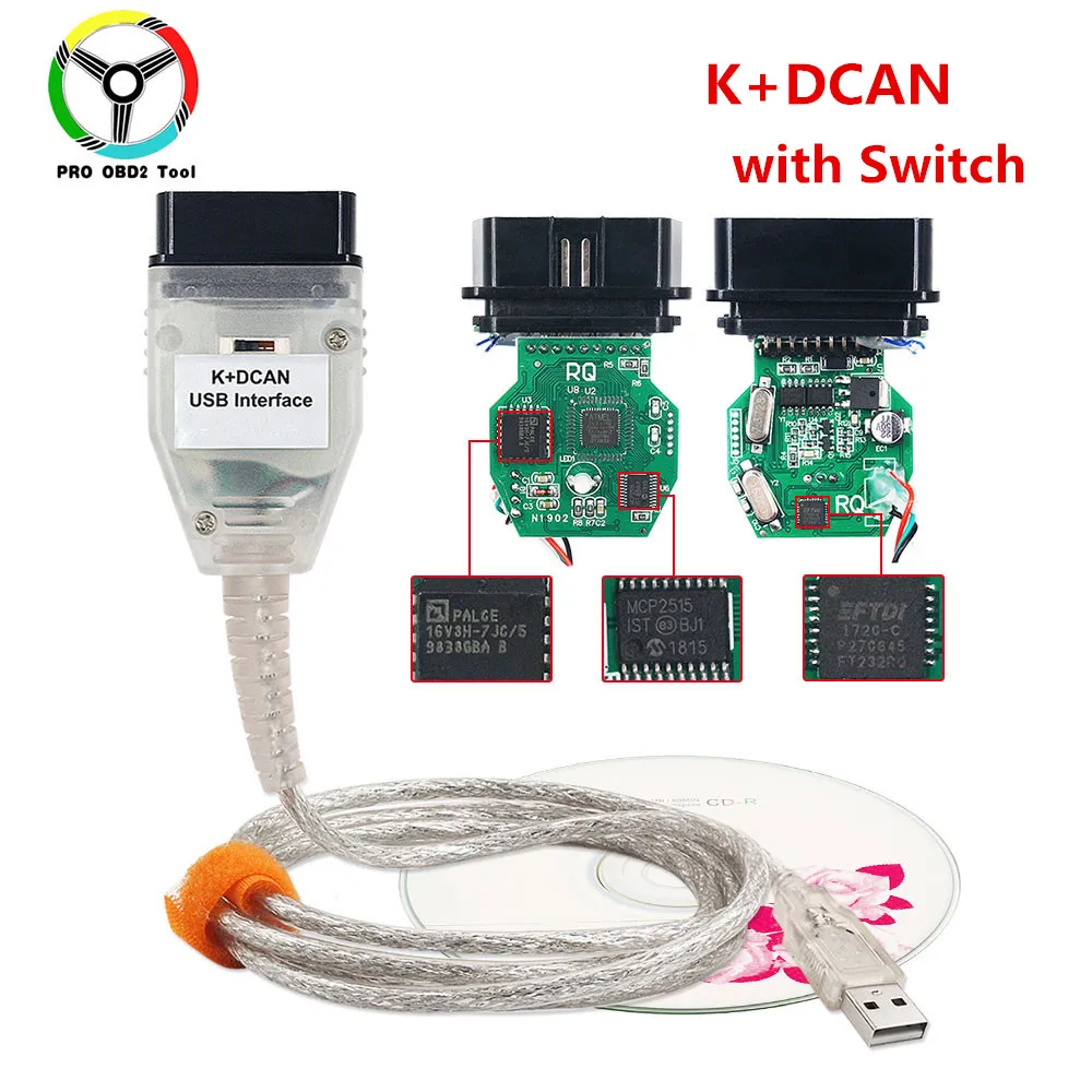 LZLRUN K+CAN K+DCAN Car Diagnostic Tool Cable OBD USB Interface with Switch  for BMW with FT232RL NCS Coding Winkfp Tool32 Progra