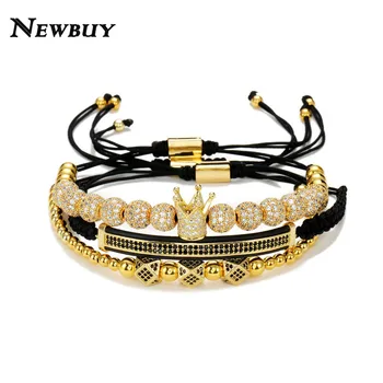 

NEWBUY 3Pcs/Set Luxury AAA+ Cubic Zirconia Beads Bracelets & Bangles For Men Handmade Braided Rope Chain Crown Charm Bracelet