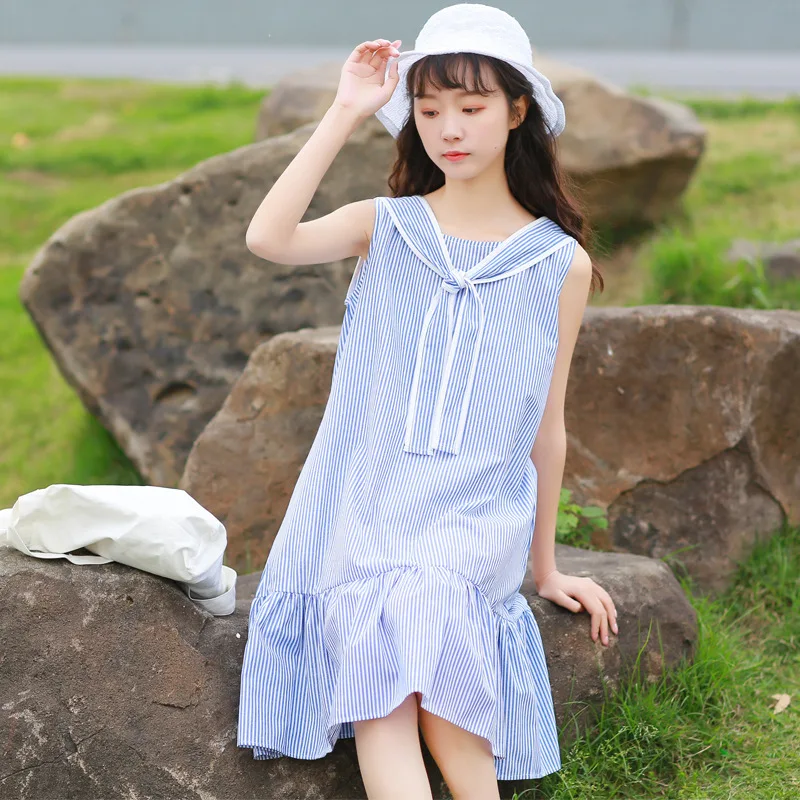 

Maternity Clothes 2019 Summer New Style Stripes Hipster Cotton Linen Vest Skirt Pregnant Women Loose-Fit Dress