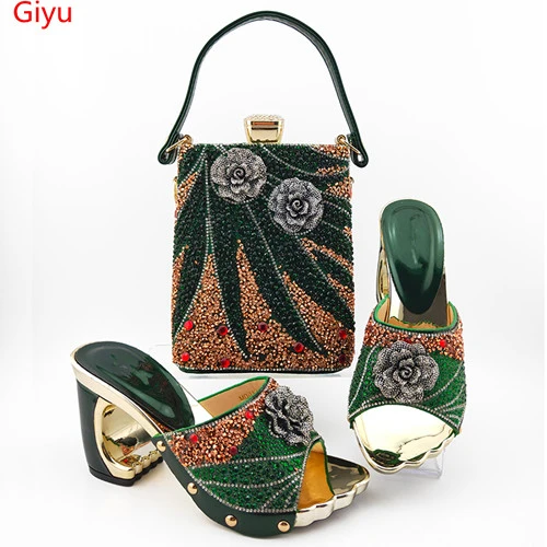 Doershow new come Matching Women Shoe and Bag Set Decorated green Nigerian  Shoes and Bag Set Italy Shoes and Bag set HJL1-13