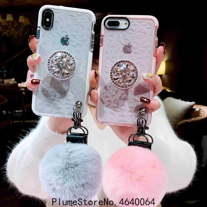 Роскошный Алмазный чехол bescherming schattige haarbal lanyard beugel zachte для iphone 7 X XR XS MAX 8 6 S plus voor