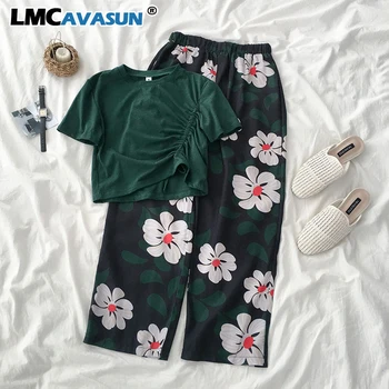 

LMCAVASUN Vintage Flower Ankle Length Pant Set Women Casual Green Short Sleeve T-shirt+High Waist Wide Leg Trouser Matching Set