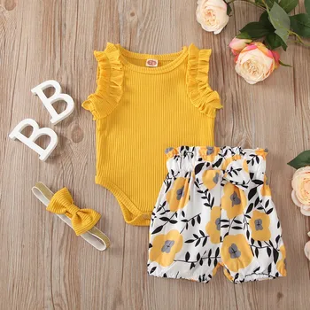 

Newborn Baby girls Sleeveless Ruffle Romper+Floral Shorts+Headband Summer Set Summer New Style suit Children's Clothing set