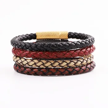 JARAVVI Simple Design High Quality Stainless Steel Clasp Vintage Genuine Leather Bacelet Men Jewelry Gift